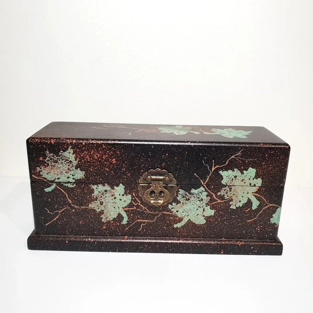 Jewelry Box‎ Handpainted with leaf motif Fall Foliage Gold Green Black